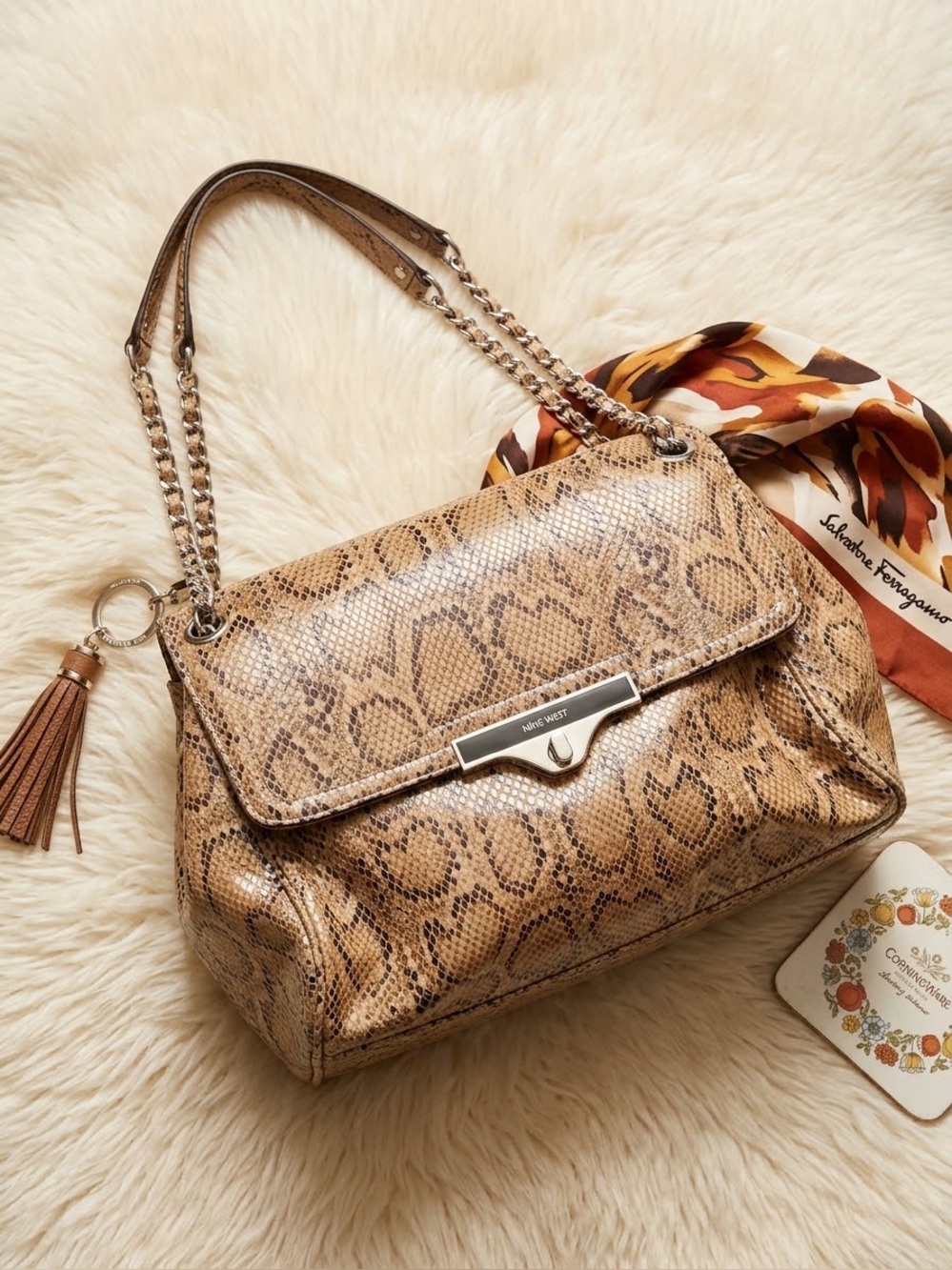 Y2K Nine West Brown Snake-Print Chain Shoulder Bag